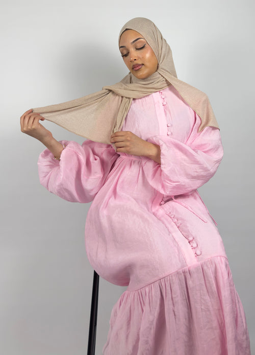 Amina Button-Tiered Linen Abaya - Sky Blue & Soft Pink