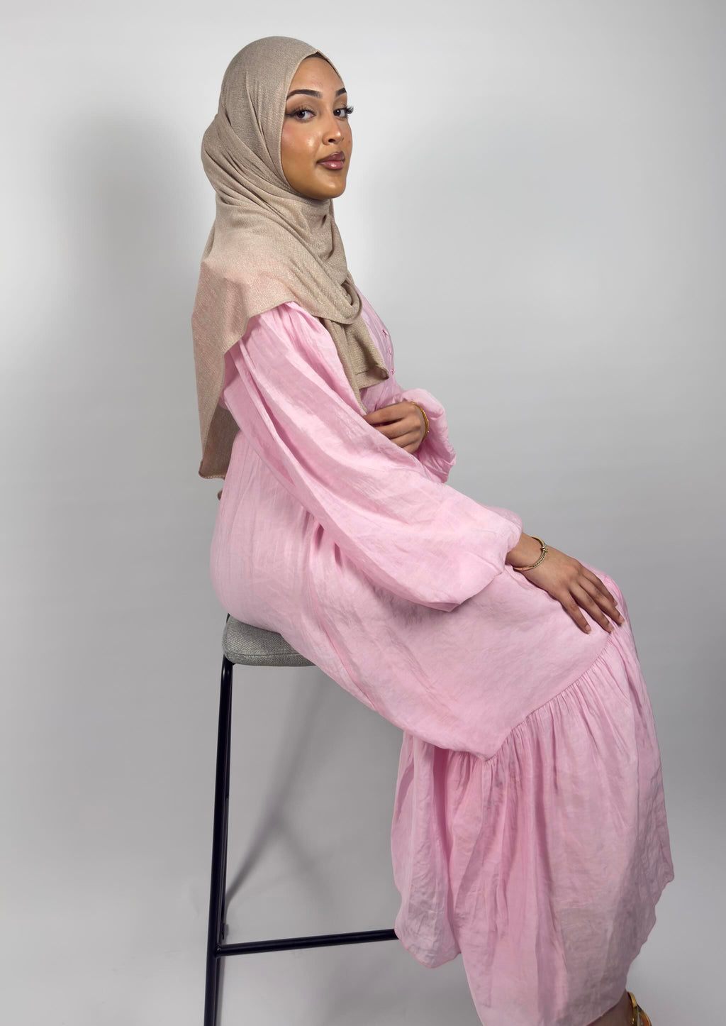 Amina Button-Tiered Linen Abaya - Sky Blue & Soft Pink