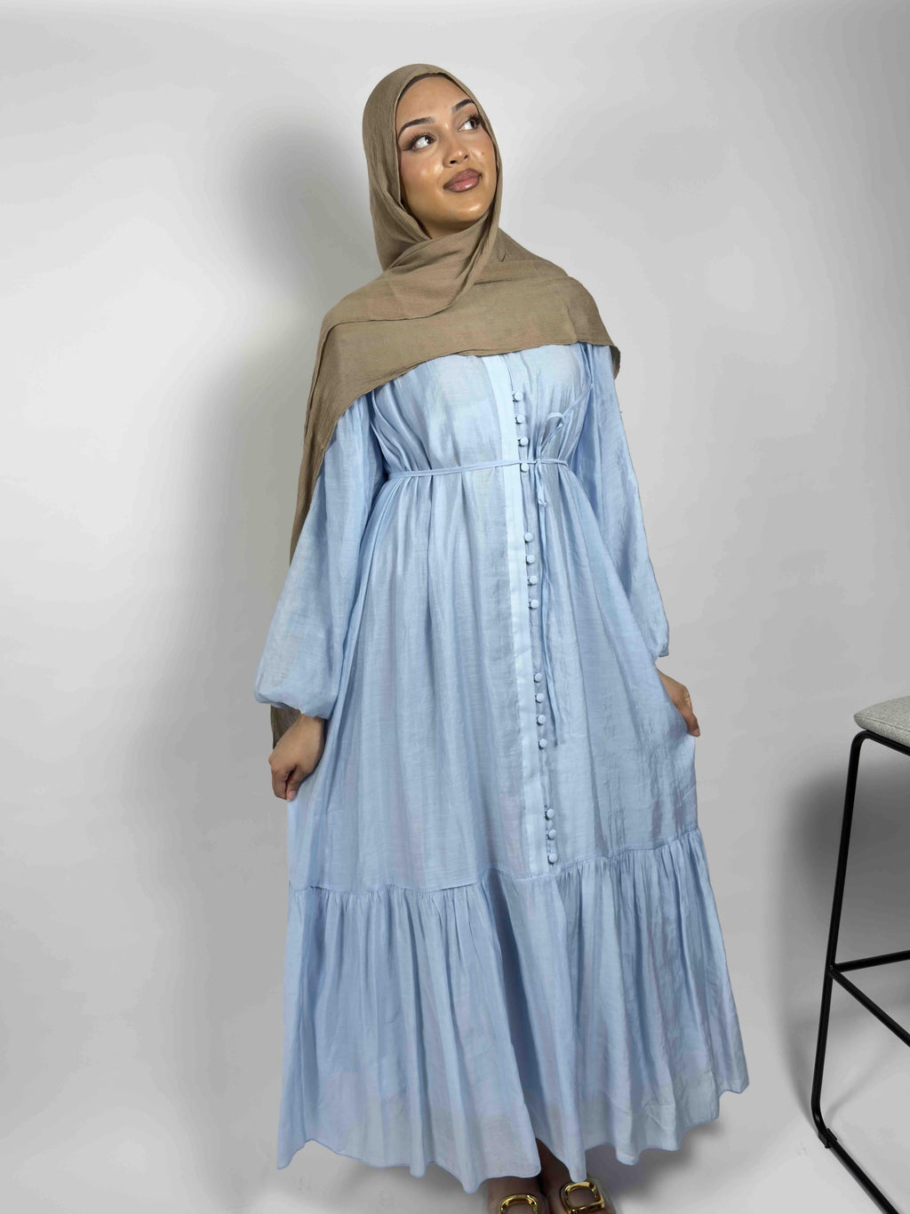 Amina Button-Tiered Linen Abaya - Sky Blue & Soft Pink