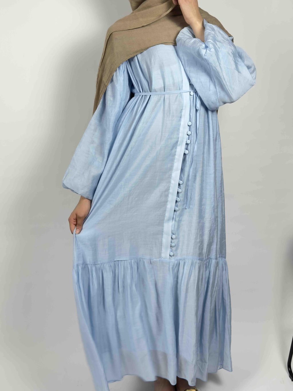 Amina Button-Tiered Linen Abaya - Sky Blue & Soft Pink