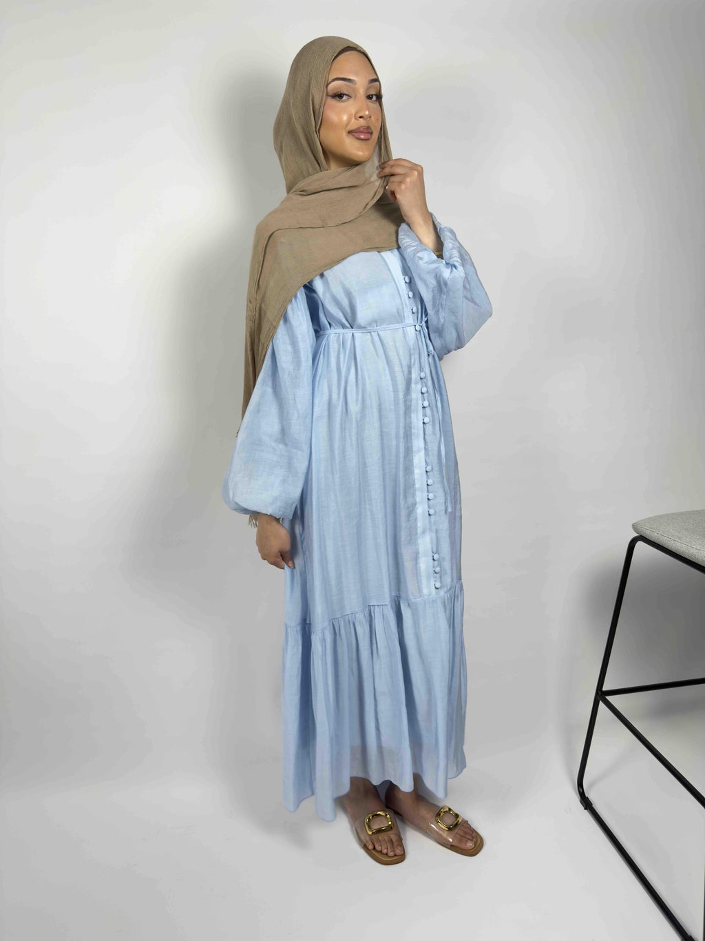 Amina Button-Tiered Linen Abaya - Sky Blue & Soft Pink