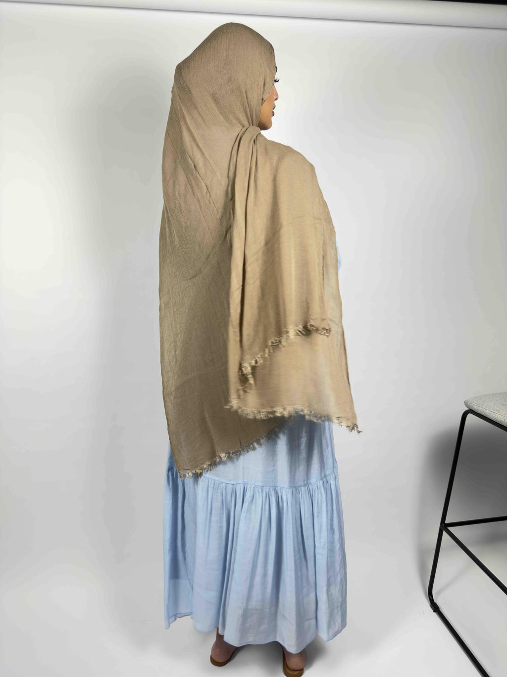 Amina Button-Tiered Linen Abaya - Sky Blue & Soft Pink
