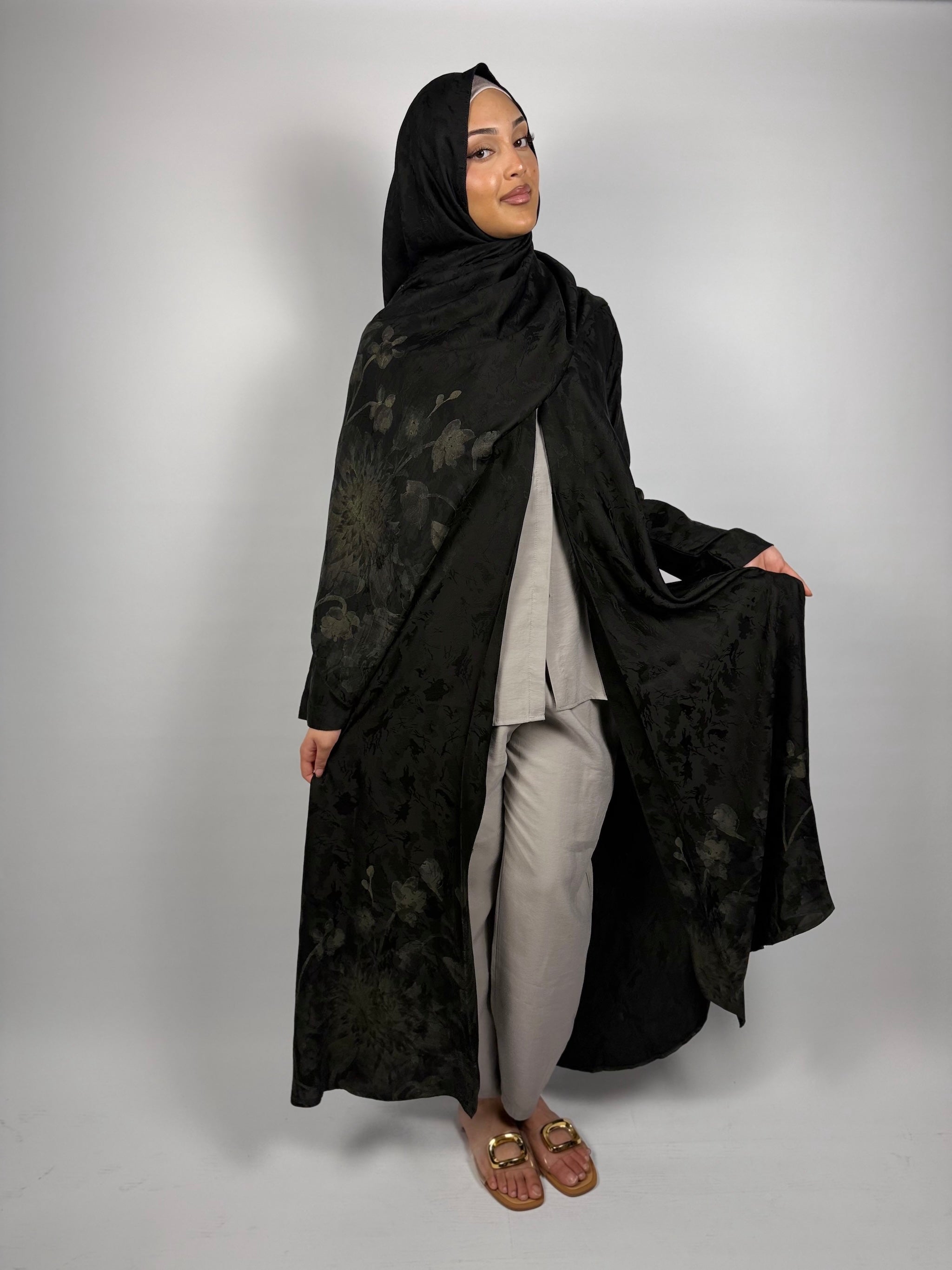 Luxe Jacquard 2-Piece Abaya Set - Floral Black