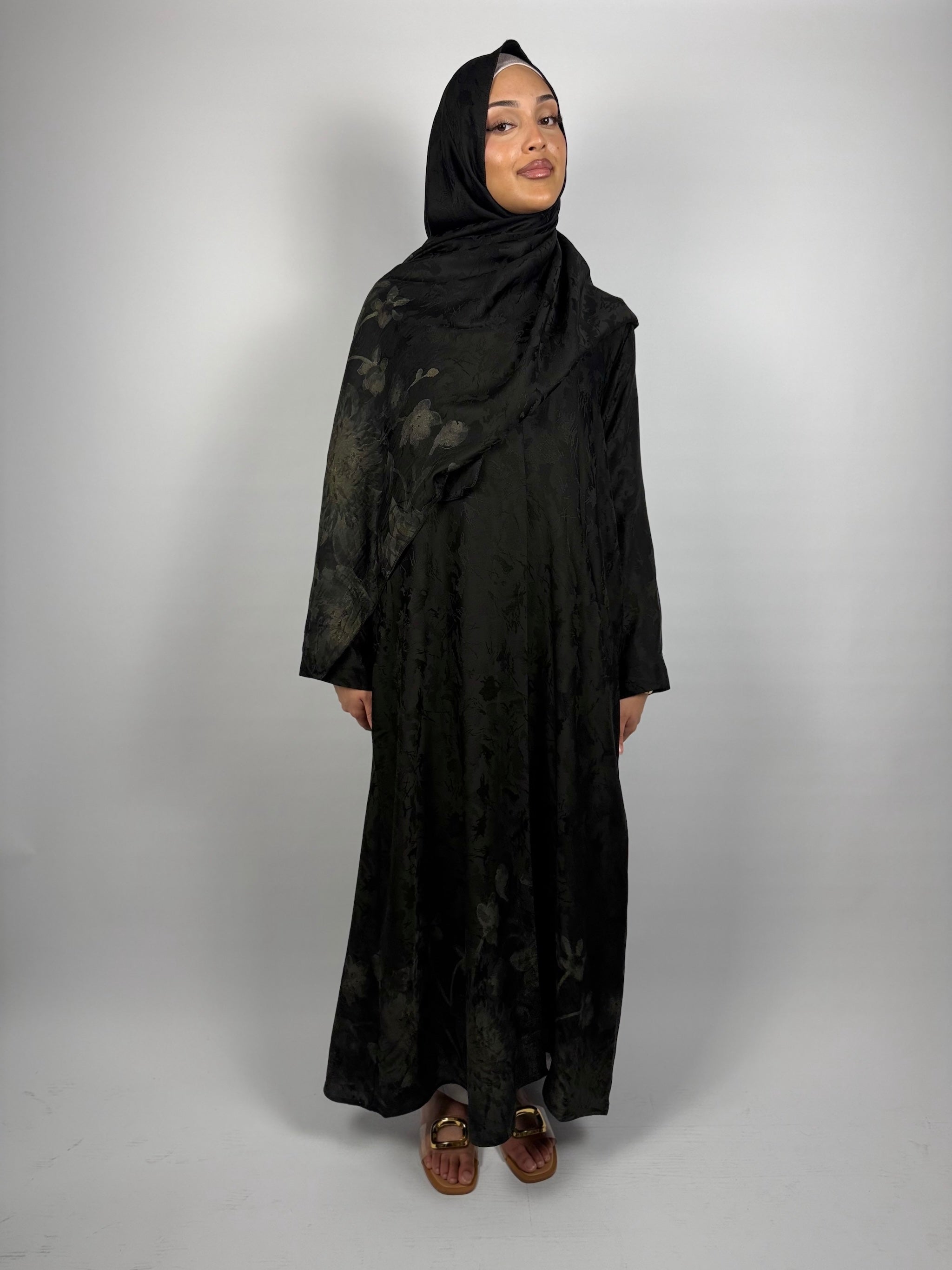 Luxe Jacquard 2-Piece Abaya Set - Floral Black