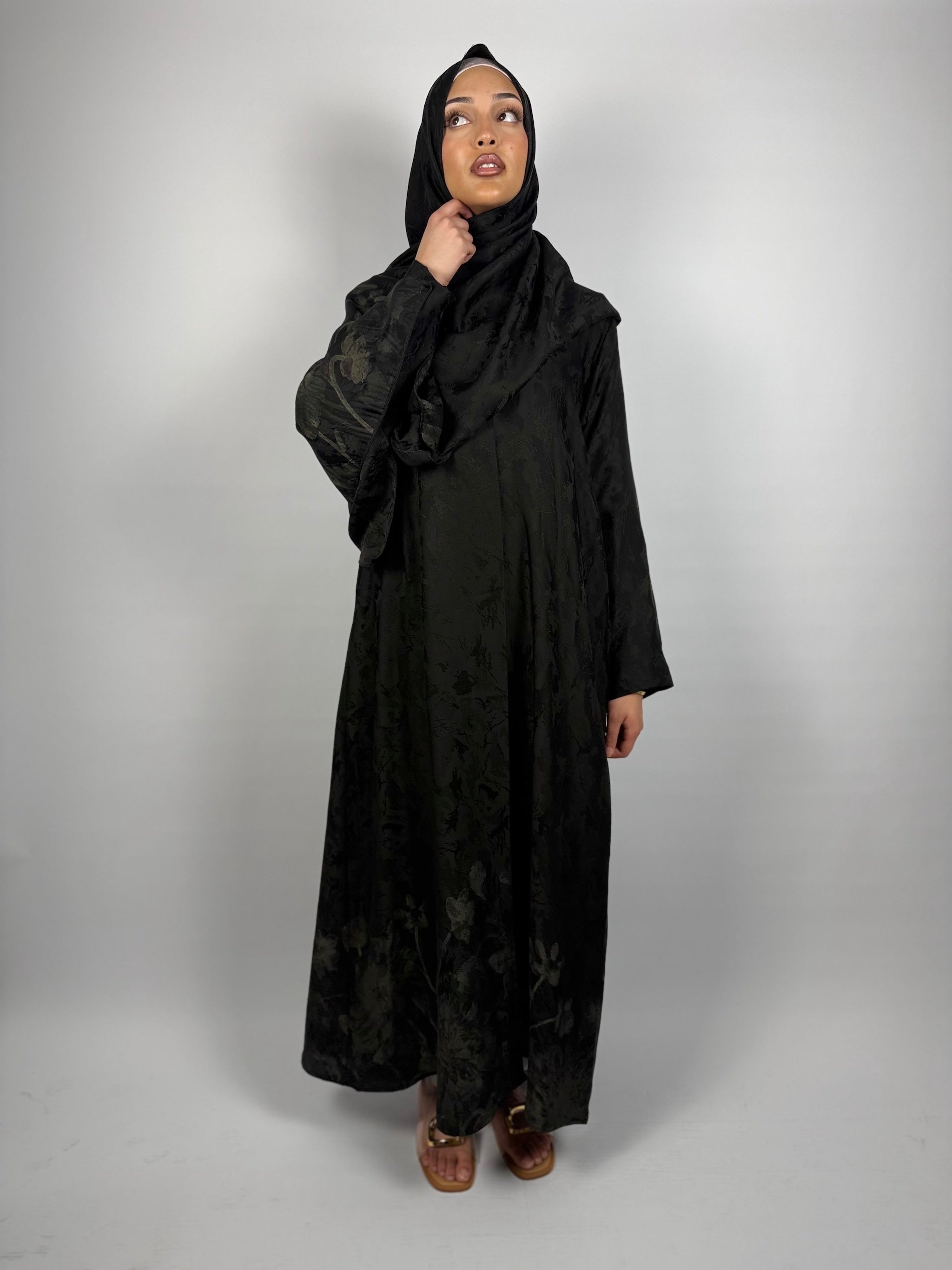 Luxe Jacquard 2-Piece Abaya Set - Floral Black