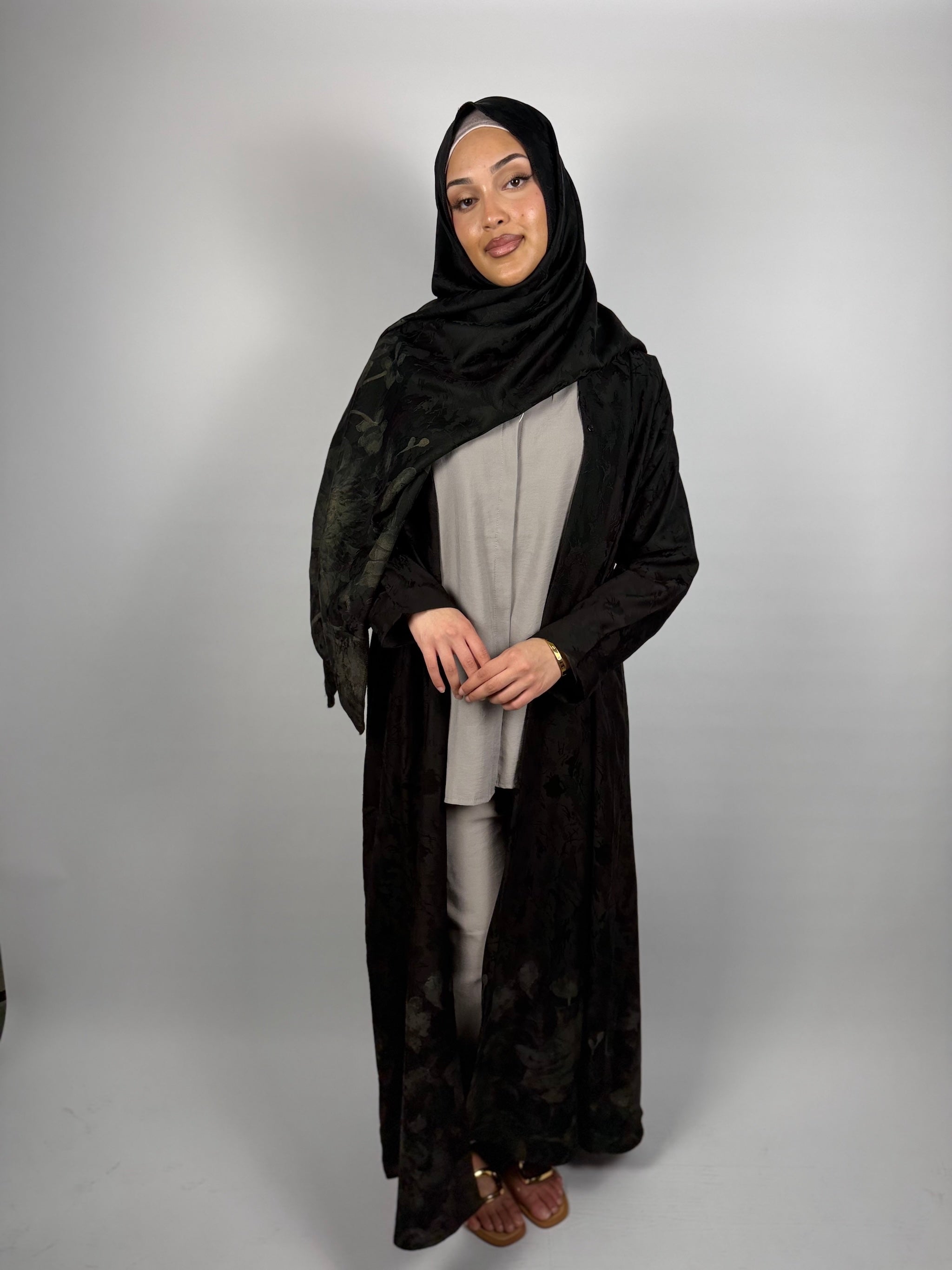Luxe Jacquard 2-Piece Abaya Set - Floral Black
