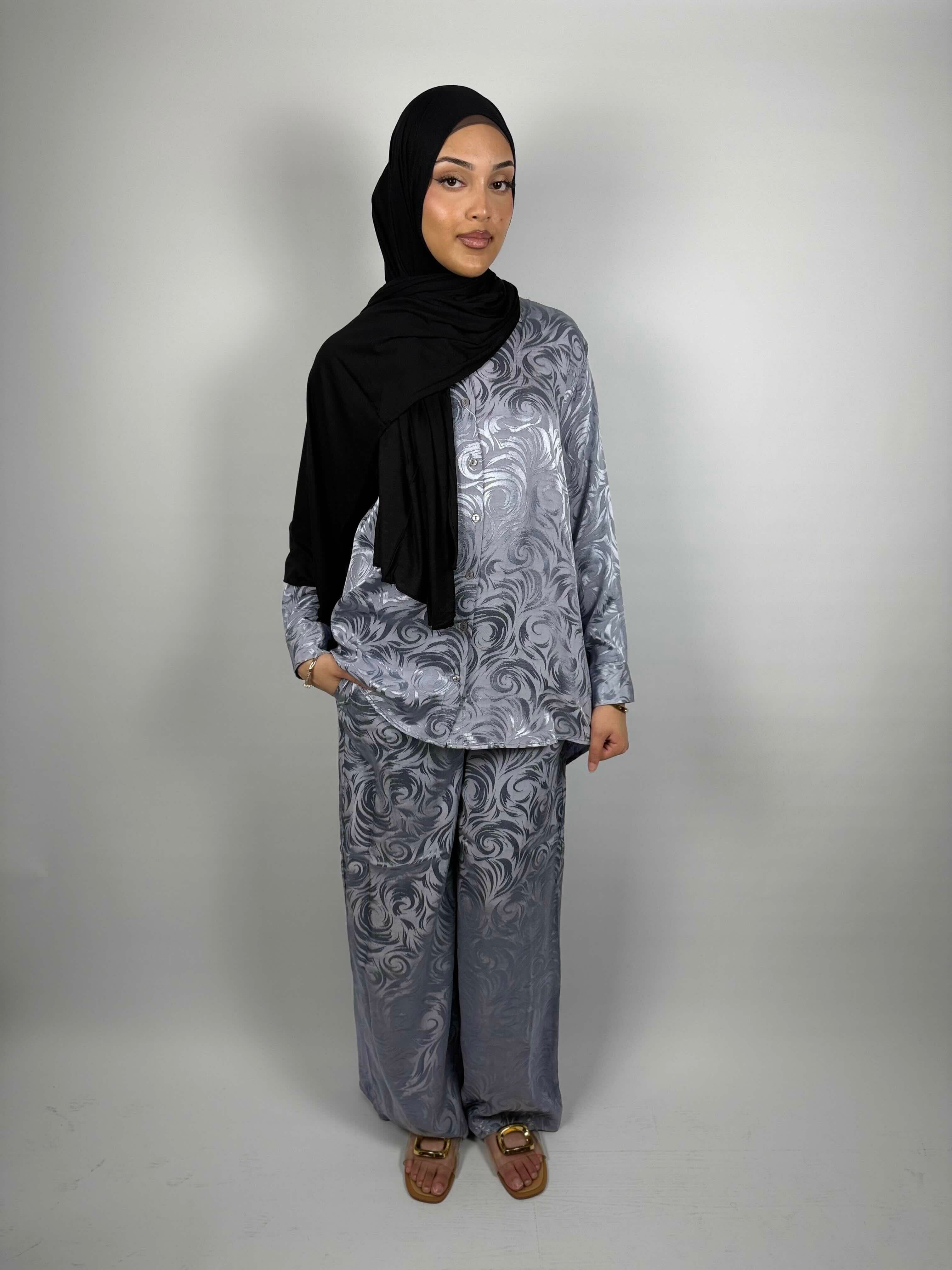 Satin Swirl Co-Ord – Steel Grey