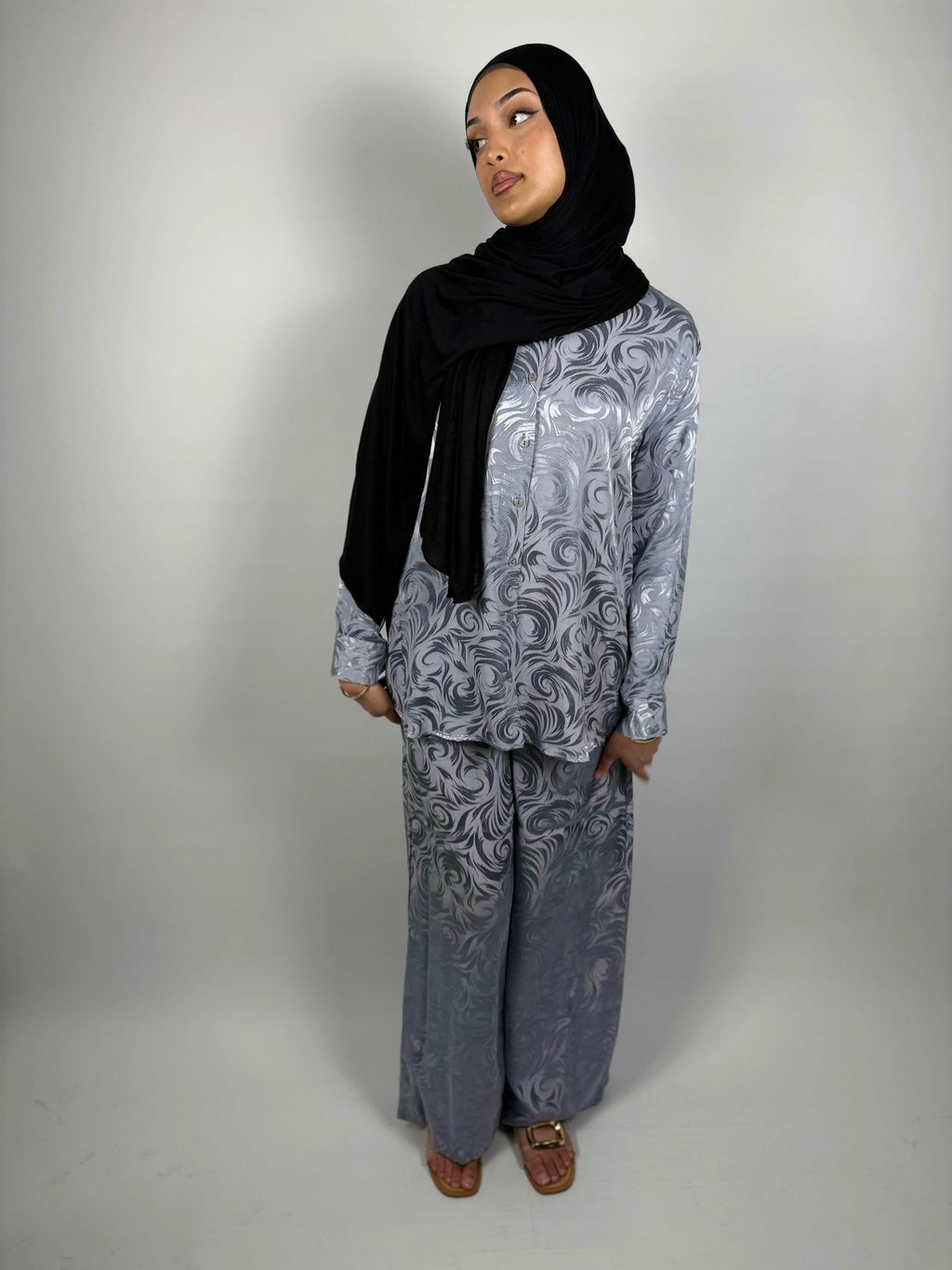 Satin Swirl Co-Ord – Steel Grey