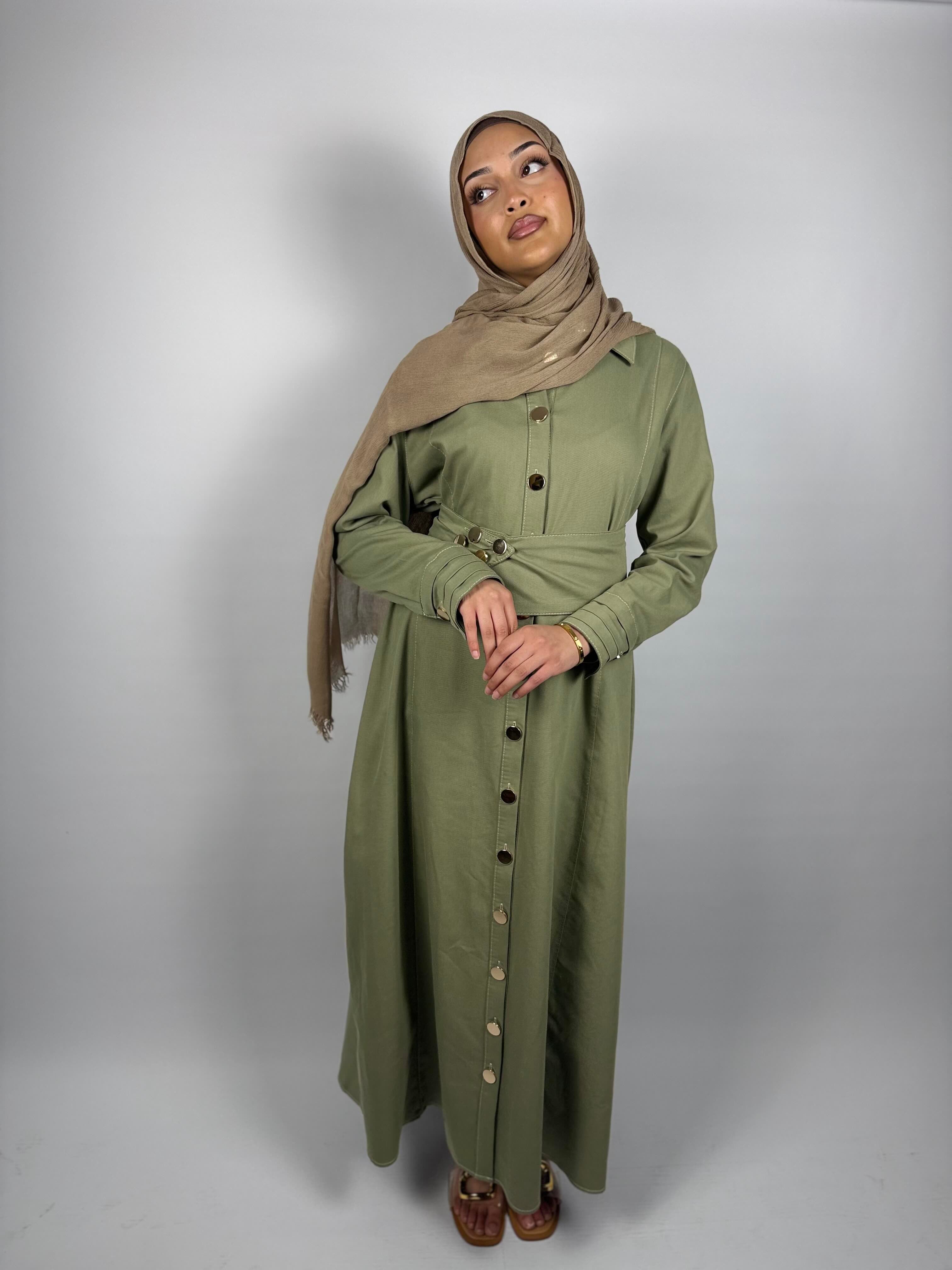 Belted Modest Shirt Dress – Sage