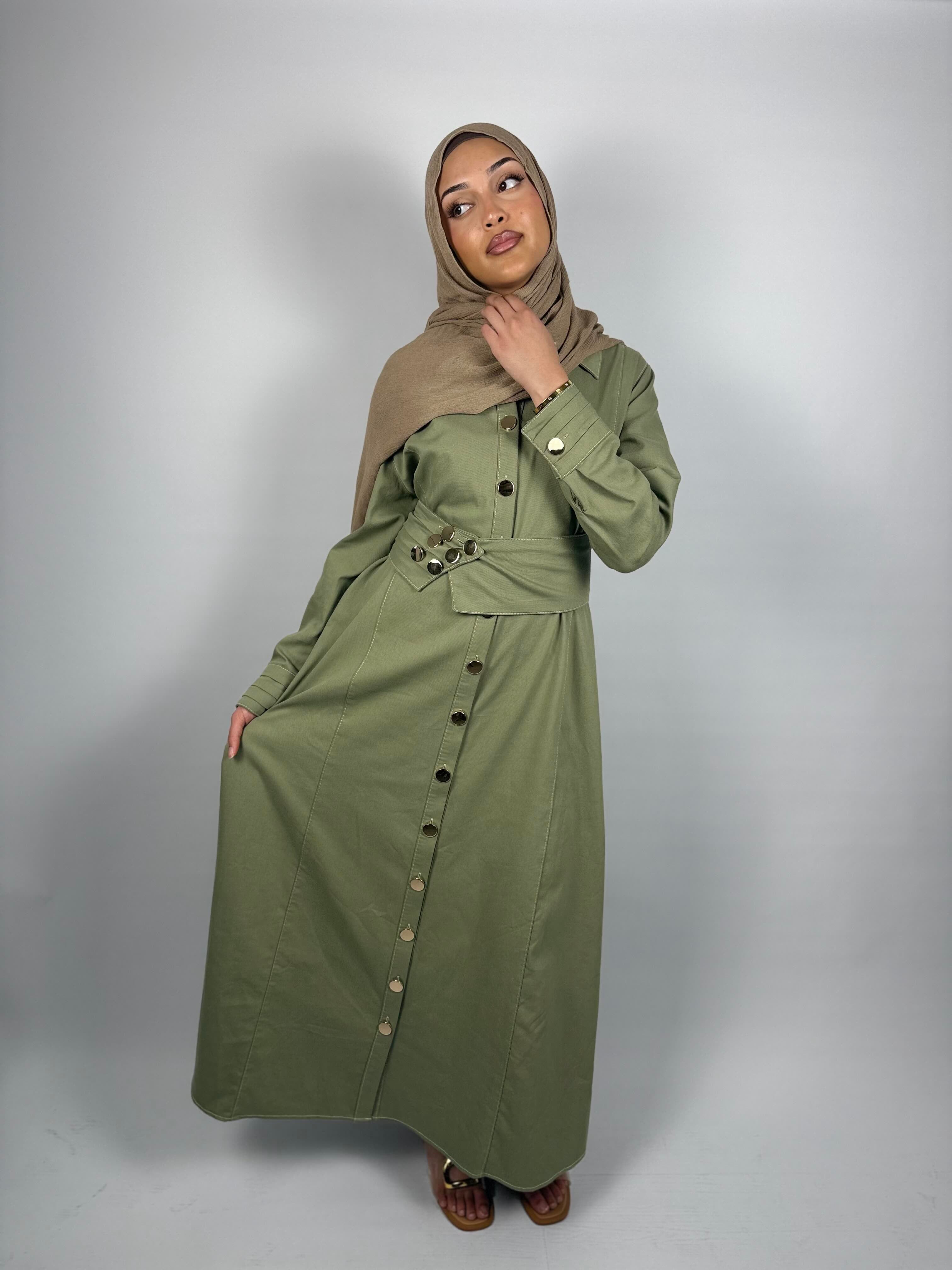 Belted Modest Shirt Dress – Sage
