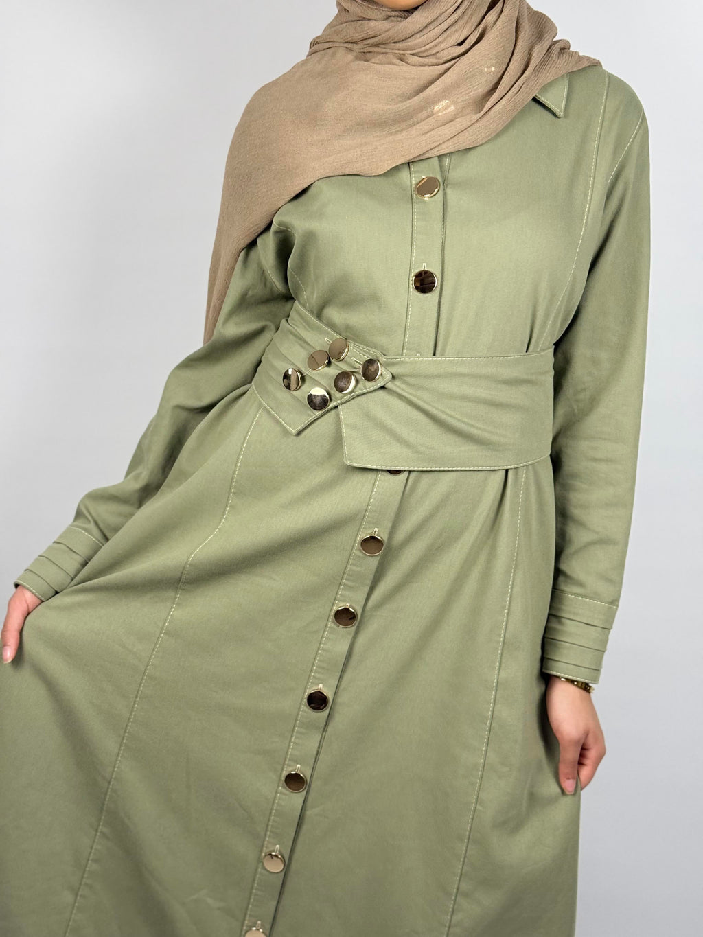 Belted Modest Shirt Dress – Sage