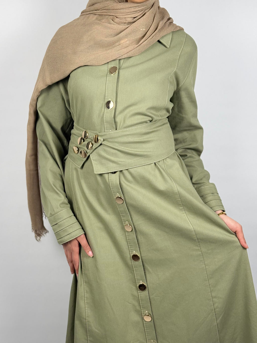 Belted Modest Shirt Dress – Sage