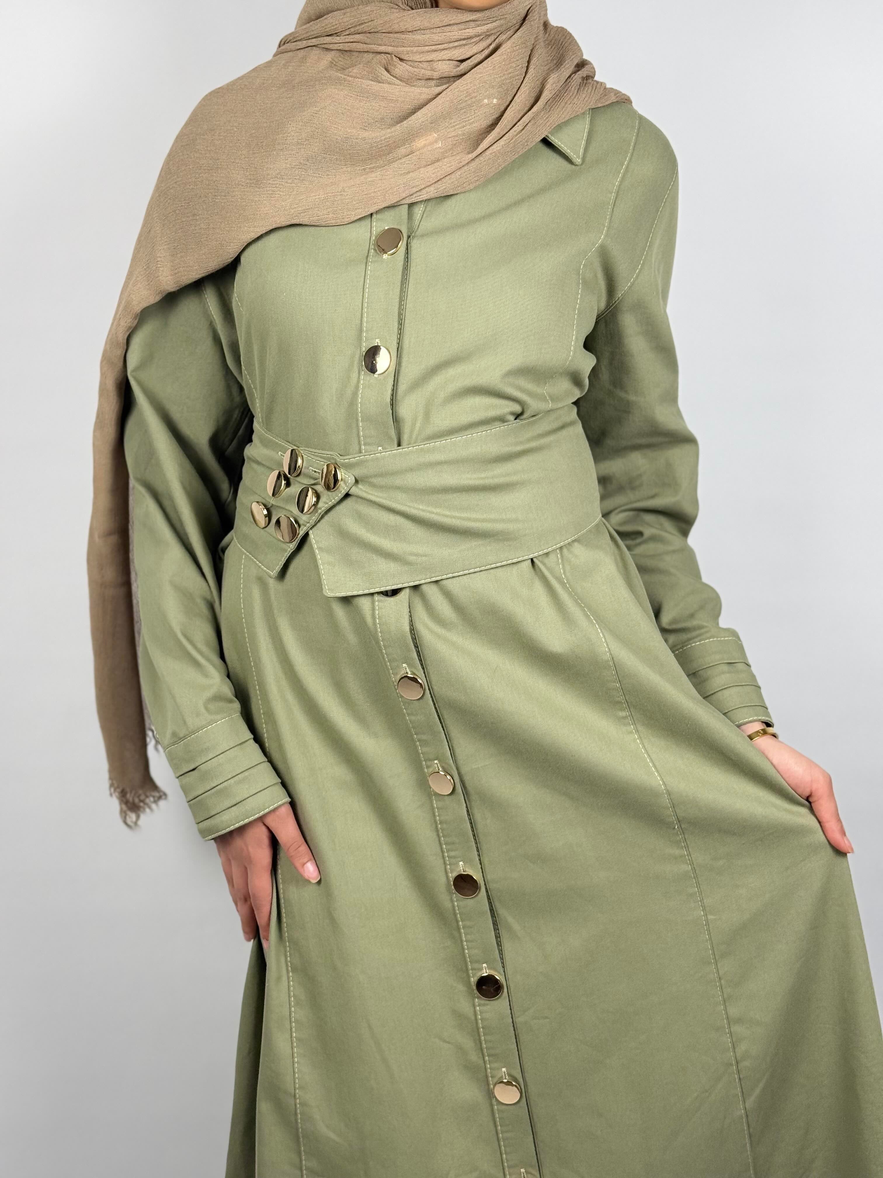 Belted Modest Shirt Dress – Sage