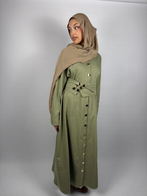 Belted Modest Shirt Dress – Sage