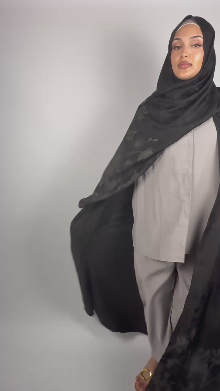 Luxe Jacquard 2-Piece Abaya Set - Floral Black